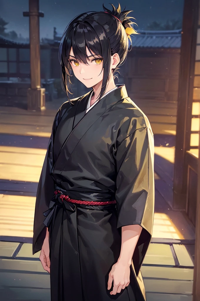(masterpiece; best quality: 1.2), (finely detailed eyes: 1.3), ((1 young man)), ((solo)), (yellow eyes: 1.4), (masculine; lean, toned: 1.3), (short black hair in low ponytail: 1.3), (beautiful and clear background: 1.2), ((depth of field)), (clothes: all-black ronin hakama + all-black ronin kimono: 1.3), (anime illustration: 1.2), (background; old japanese mansion exterior+ night: 1.1), (extremely fine and handsome: 1.1), (shot composition; standing + close-up: 1.5), (expression; calm, smile: 1.2)