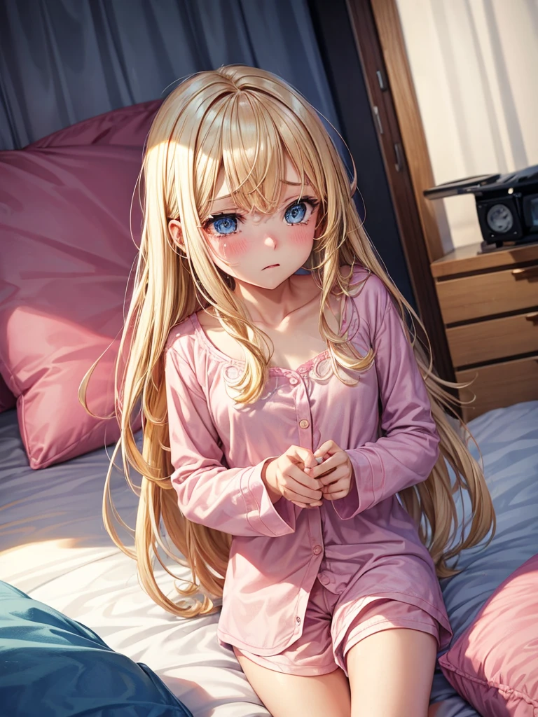 an adult girl, loose blonde hair, blue eyes, pink pajamas, crying loudly in his room against his pillow.