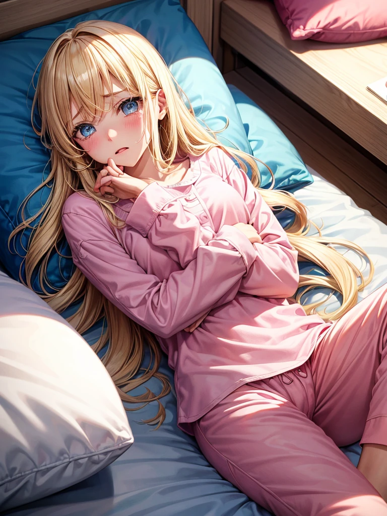 an adult girl, loose blonde hair, blue eyes, pink pajamas, crying loudly in his room against his pillow.
