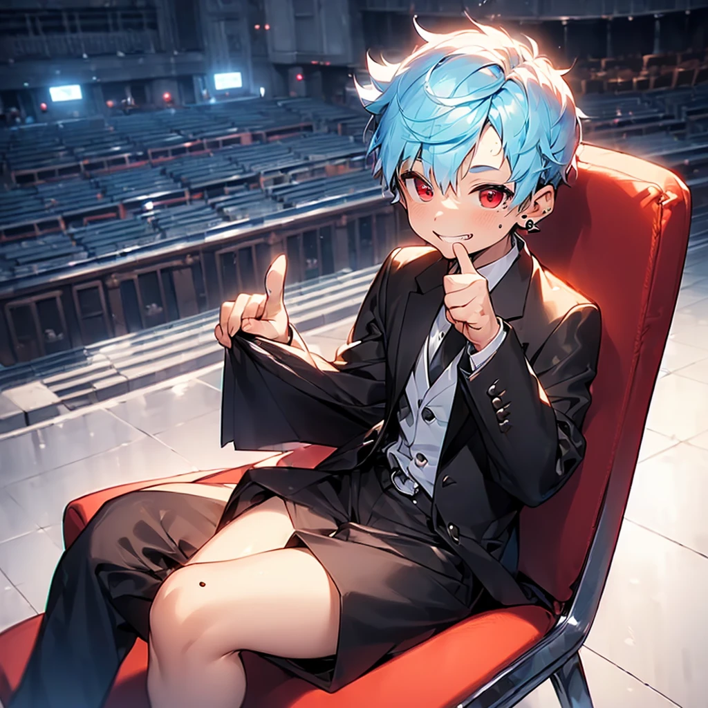 (solo:2.5), (boldline:-1.7), (put index finger on mouth:1.5), (((musical note))), (sitting on red chair:1.5), (((fang))), (((best finger))), BREAK (best quality:1.5), (absolutely resolution:1.5), (ultra detailed:1.5), (masterpiece:1.5), (perfect face), (detailed face), (detailed eyes), (best eyes), (cute face), (shota:2), BREAK (tuxedo:1.5), (skinny:1.3), (spiked hair), BREAK (light blue hair:1.5), (wine red eyes:1.4), (eyes with highlight:1.6), ((mole under eye)), (sweaty skin), (grin:1.5), ((earrings)), (shiny skin:1.3), BREAK (concert hall:1.5), (spot light:1.3), (at concert), ((wind blowing)), frow below,