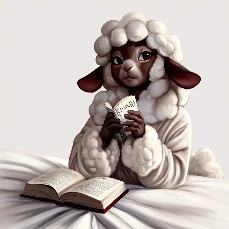 Perfect centering, Cute sheep, While reading a picture book on the bed、I feel sleepy。Abstract Beauty, Centered, Looking into the camera, To the camera, Approaching perfection, dynamic, Very detailed, Smooth, Sharp focus, 8K, High resolution, figure, art:Carne Griffith、Vadim Kashin, White Background