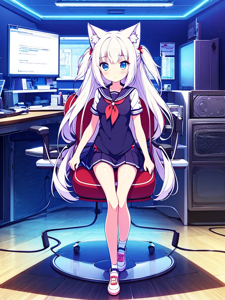 1 beautiful girl, great image quality ,nekomimi, with lots of detail, ray tracing, in a gaming,outfit anime, long stockings, blue eyes, white hair, , in a neon room, PC gaming, perfect anatomy, full body.