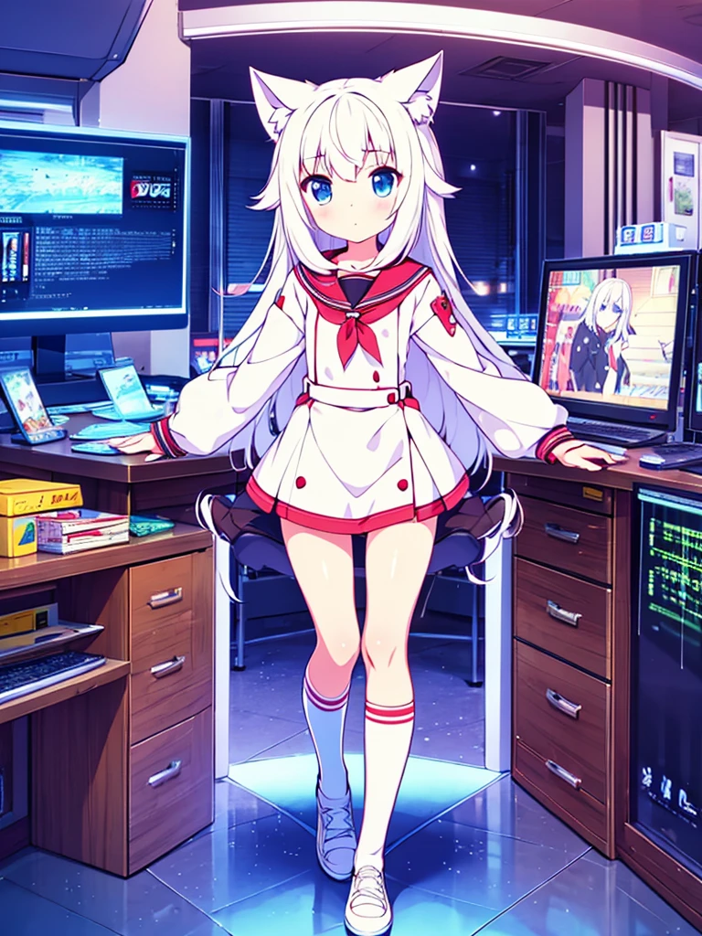 1 beautiful girl, great image quality ,nekomimi, with lots of detail, ray tracing, in a gaming,outfit anime, long stockings, blue eyes, white hair, , in a neon room, PC gaming, perfect anatomy, full body. 