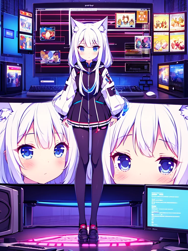 1 beautiful girl, great image quality ,nekomimi, with lots of detail, ray tracing, in a gaming,outfit anime, long stockings, blue eyes, white hair, , in a neon room, PC gaming, perfect anatomy, full body.