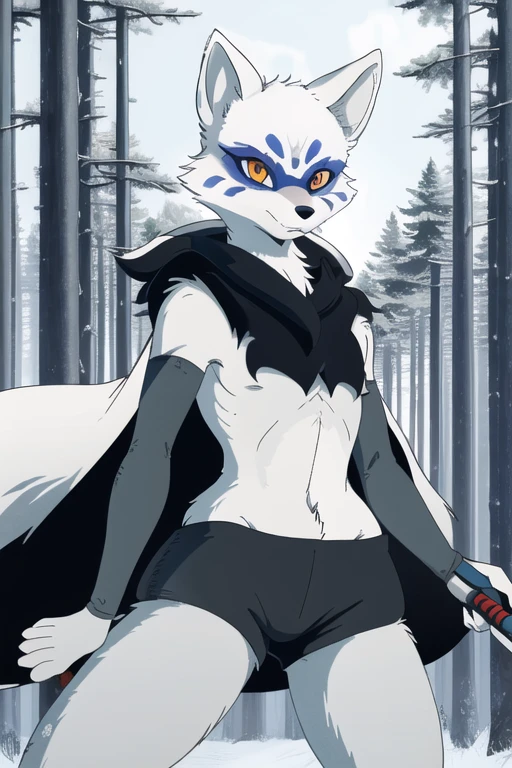 Alopex, arctic fox, furry, blue marks face, tmnt, serious look, orange eyes, girl1, solo, park, forest, cape, black shirt, black shorts, best quality, masterpiece, sickle twin blades