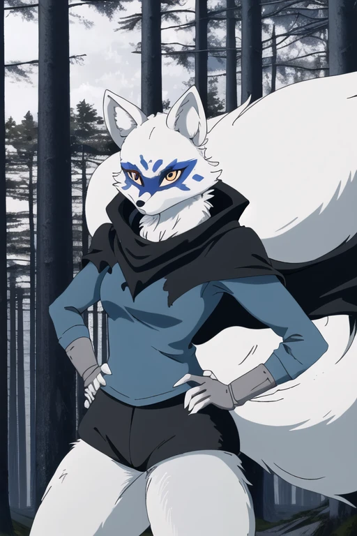 Alopex, arctic fox, furry, blue marks face, tmnt, serious look, orange eyes, girl1, solo, park, forest, cape, black shirt, black shorts, best quality, masterpiece, sickle twin blades