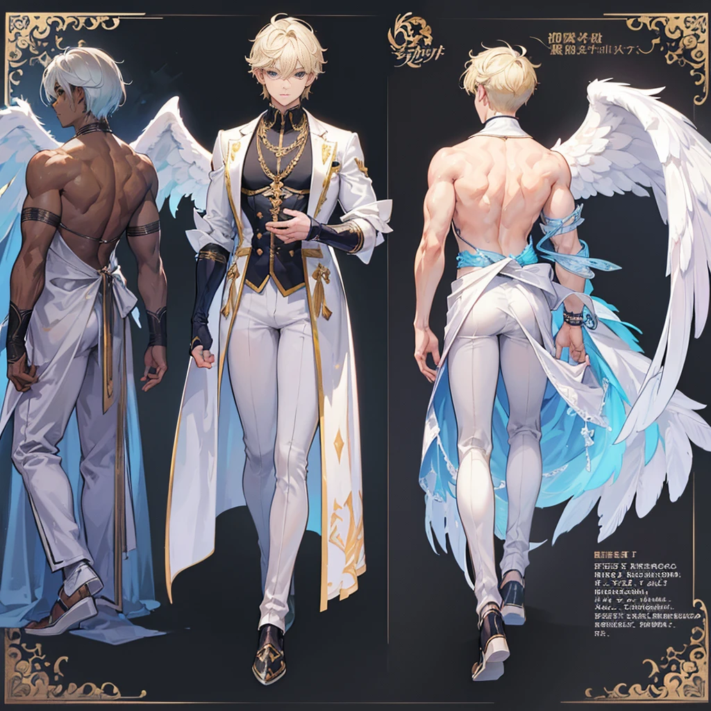 (Masterpiece, best quality), detailed, 1 man, ((character concept art)), ((character design sheet, same character, front, side, back)), full body, body complete, 1 Male angel, 1 Man angel, Detailed face, character design sheet,full bodyesbian, Highly detailed, character sheet, character design, Many parts, dark skin, angel wings, short blonde hair, angel outfit, muscle male god, male clothes, masculine, muscle man, male muscle, manly, male angel, Muscle male with short blonde hair,beautiful man, beautiful boy