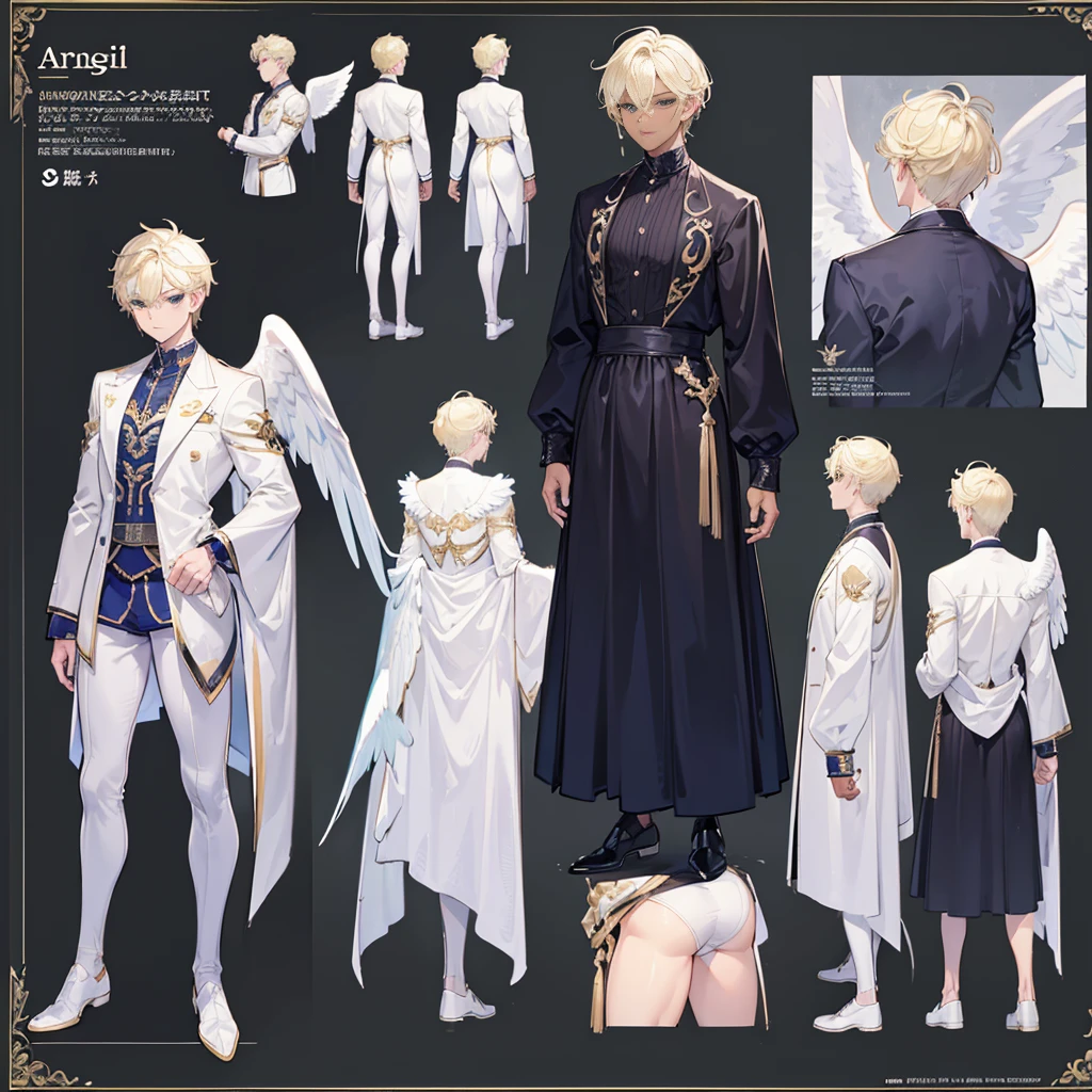 (Masterpiece, best quality), detailed, 1 man, ((character concept art)), ((character design sheet, same character, front, side, back)), full body, body complete, 1 Male angel, 1 Man angel, Detailed face, character design sheet,full bodyesbian, Highly detailed, character sheet, character design, Many parts, dark skin, angel wings, short blonde hair, angel outfit, muscle male god, male clothes, masculine, muscle man, male muscle, manly, male angel, Muscle male with short blonde hair,beautiful man, beautiful boy