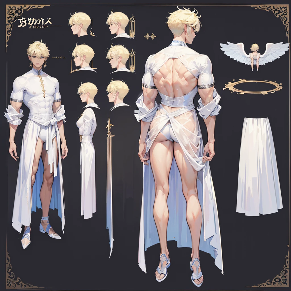 (Masterpiece, best quality), detailed, 1 man, ((character concept art)), ((character design sheet, same character, front, side, back)), full body, body complete, 1 Male angel, 1 Man angel, Detailed face, character design sheet，full bodyesbian, Highly detailed, character sheet, character design, Many parts, dark skin, angel wings, short blonde hair, angel outfit, muscle male god, male clothes, masculine, muscle man, male muscle, manly, male angel, Muscle male with short blonde hair，beautiful man, beautiful boy