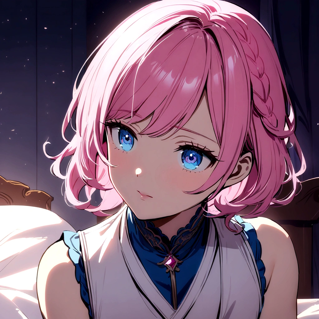(A pretty:1.2) pink hair, blue detailed eyes, (in a charming pose:1.3), Wear a white vest, in his bedroom.