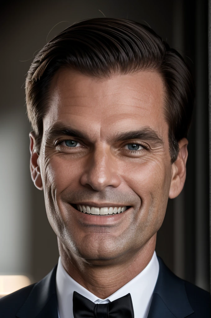 close up, cinematic light, side lighting, ultra high resolution, best shade, cru, trunk, Jair Bolsonaro, with your short, straight hair, with a slightly aged face, wearing suit and tie, Grinning, with your blue eyes. 