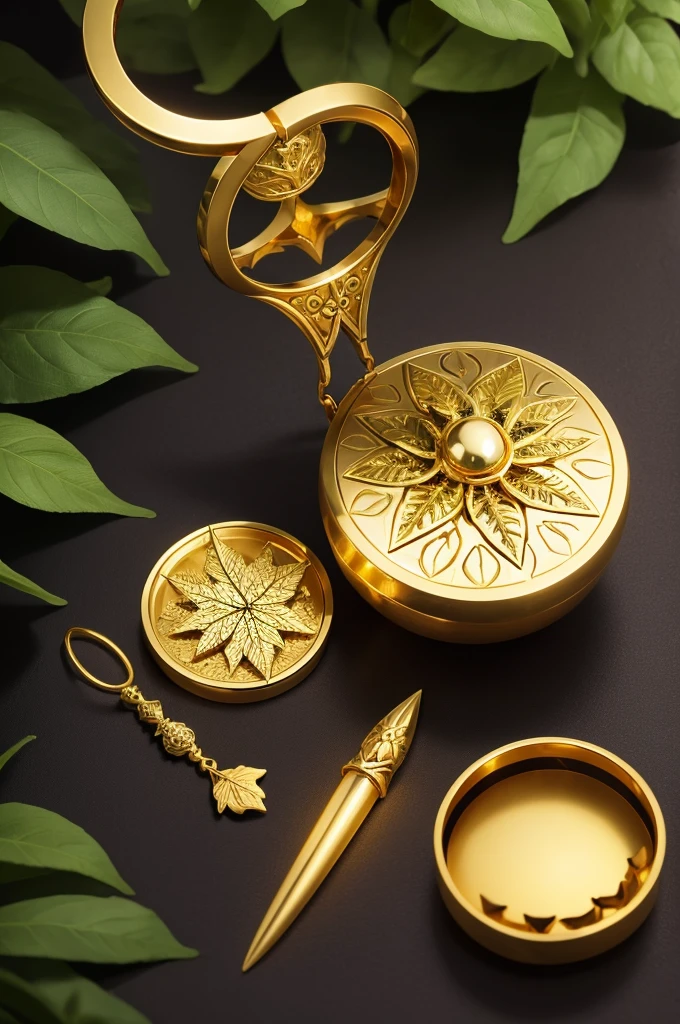 Create an image with a magic potion, a golden shield and two rings with leaves
