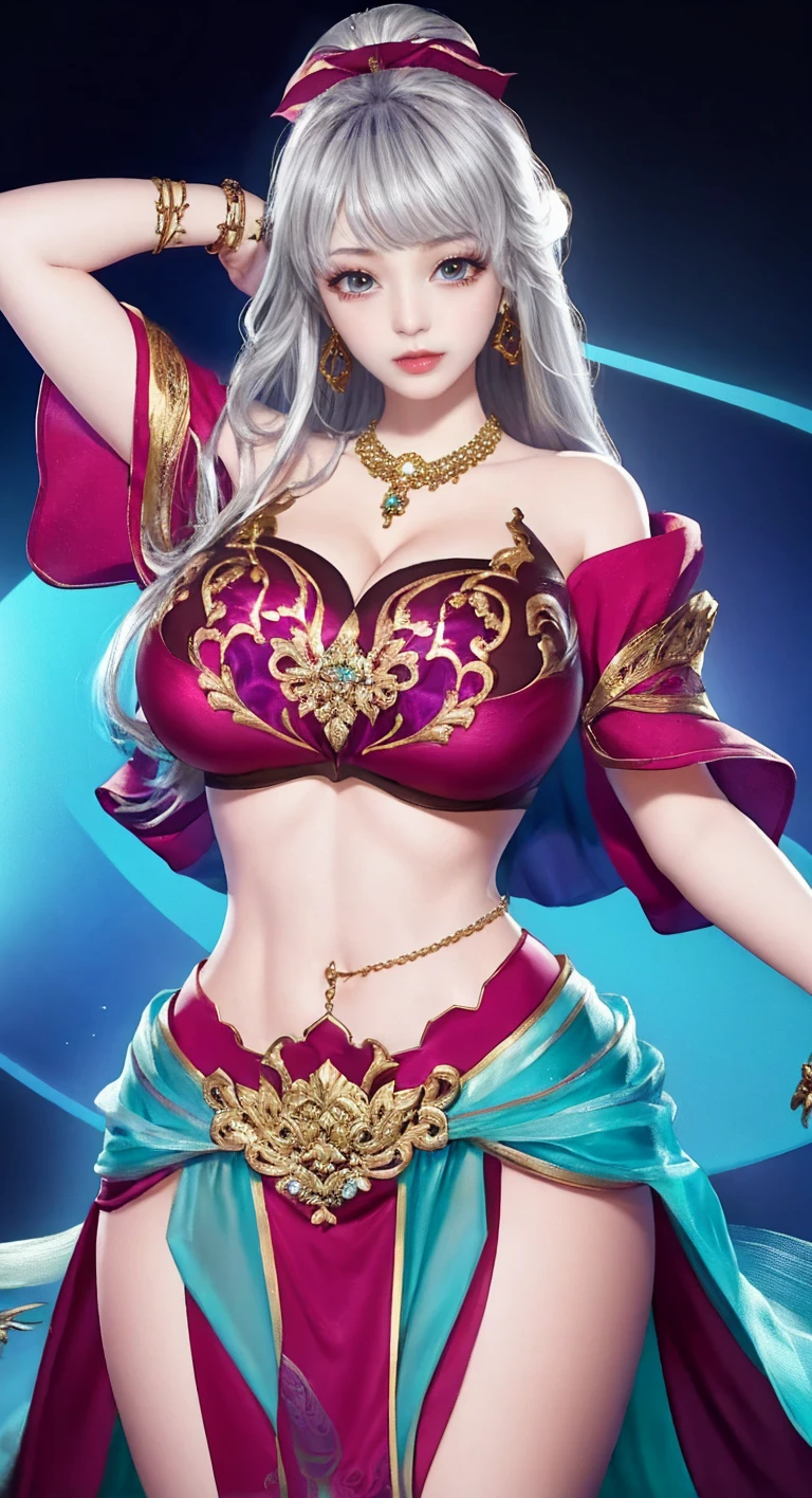 1 girl, (on the body:1.3), decorationsผม, necklace, decorations, long hair, earring, height, hair ribbon,(หน้าbeautiful:1.2),detailed beautiful eyes,(gigantic bust  :1.3), Thin body,Shiny skin,Thin waist,(8K_Wallpaper), Delicate and intricate details, (no underwear:1.4),(See-through clothes:1.4),Tighten your stomach,arms separated, beautiful_Error-8500, 