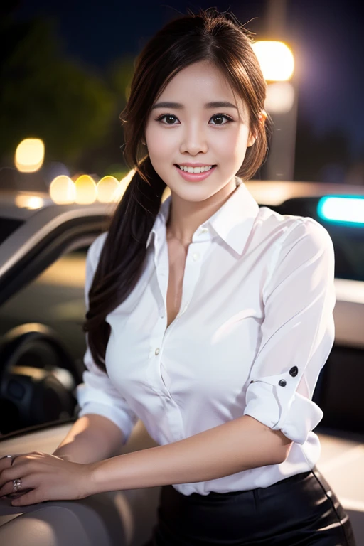 (a gorgeous lady, age 22, Formal Office Lady, white shirt and mini-skirt, natural pose under night sky, DeLorean Time Machine, dimpled smile, short ponytail, cute snaggletooth, ample round bosom, photorealistic, beautiful detailed eyes, beautiful detailed face, hyper-realism, high contrast, ultra HD, realistic skin textures, top image quality, top-quality, super high resolution, fine details, very meticulously, the Cowboy shot, bokeh background)