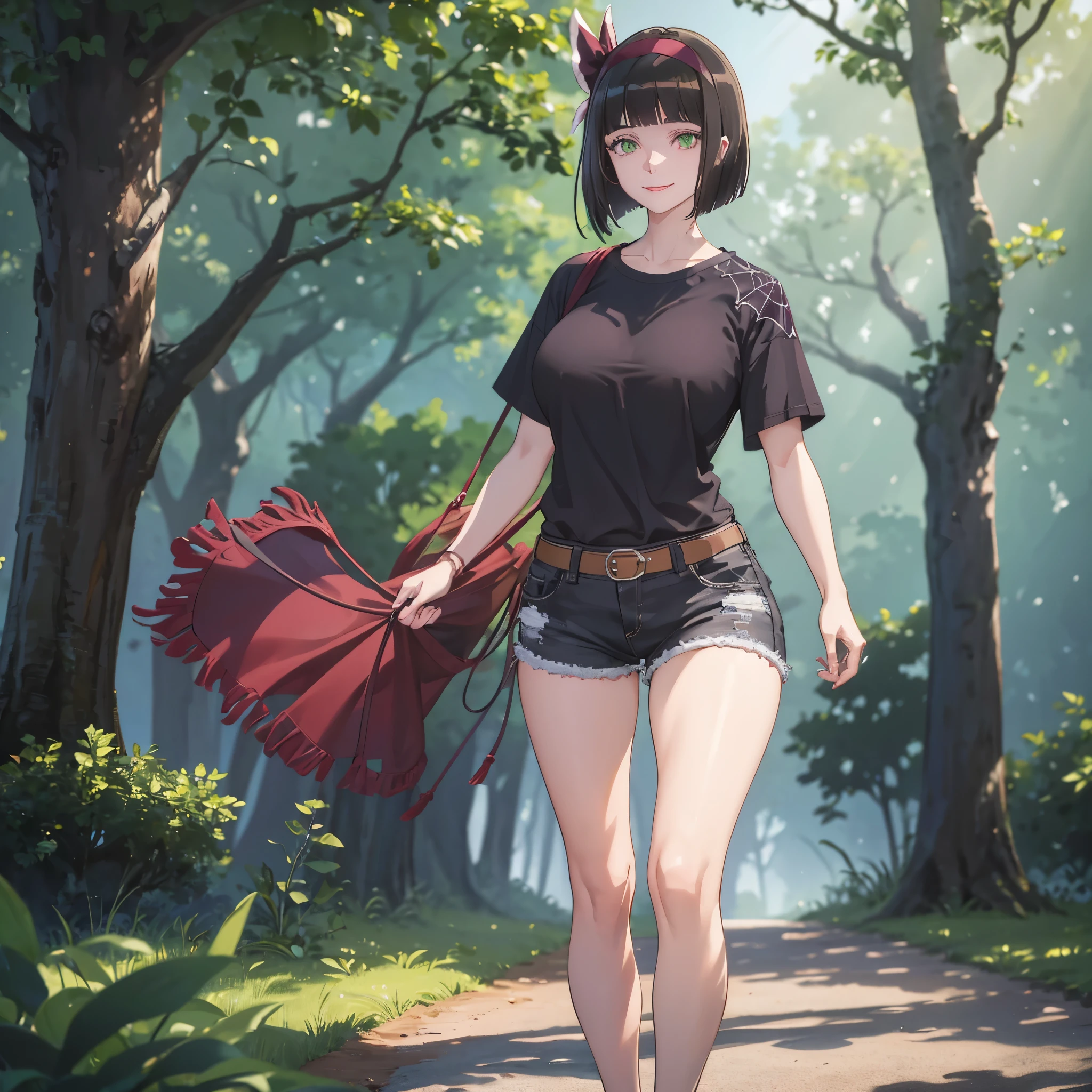 A woman wearing a casual burgundy shirt with a spider web design, with burgundy details, women's denim shorts, exposed thigh, walking on a wide road, with lots of spider webs in the trees, large breasts, green eyes, short black hair, burgundy bow over her hair, smiling, standing upright,UHD , prime work , accurate , anatomically correct , textured skin , super details , high quality , best quality, 8k, high resolution, bokeh effect. (woman alone)

