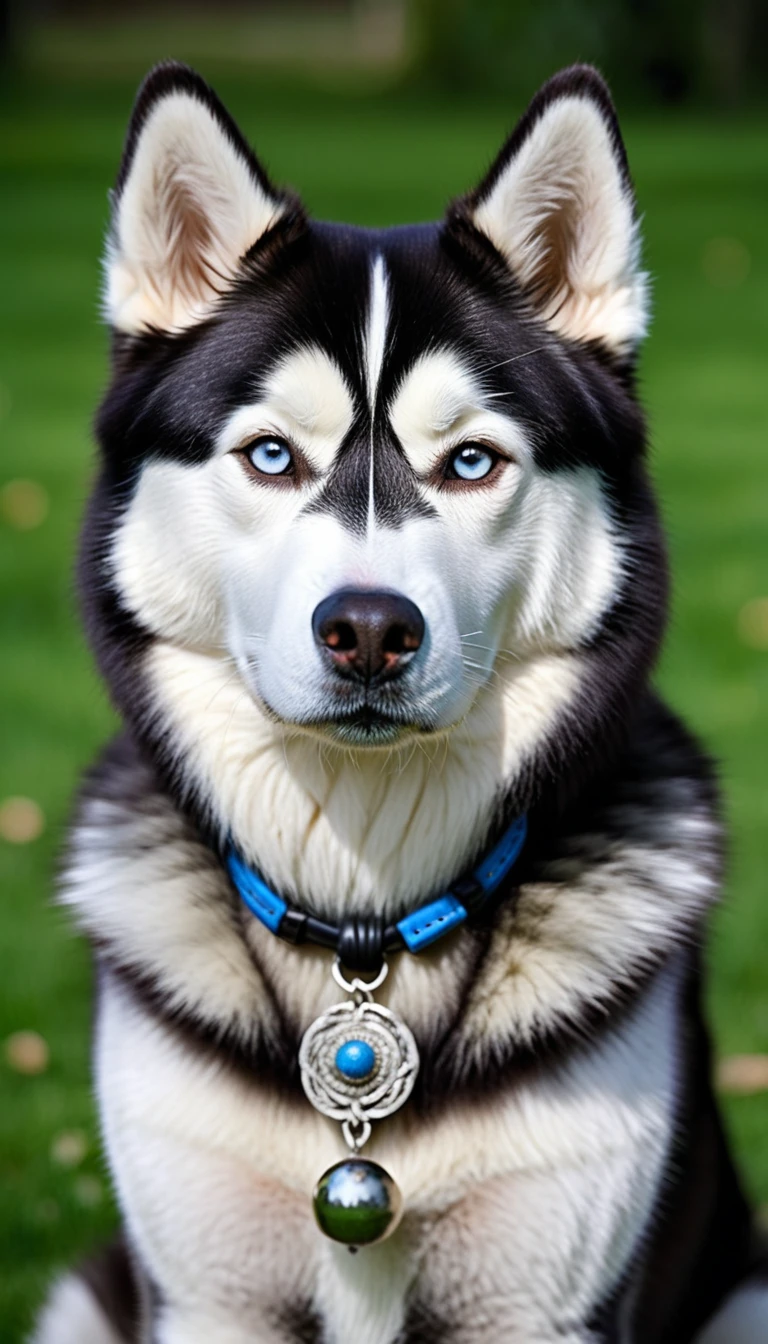 There is no one, realistic photo, photo realism, realism, Siberian Husky (Siberian Husky), perfect composition, intricate details, Very sharp, masterpiece, profile, high resolution, looking at the viewer, Full body photo in garden background