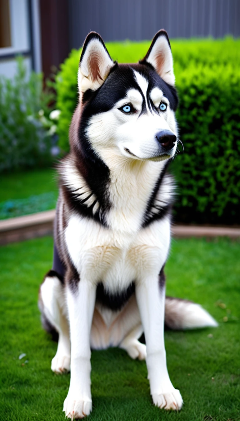There is no one, realistic photo, photo realism, realism, Siberian Husky (Siberian Husky), perfect composition, intricate details, Very sharp, masterpiece, profile, high resolution, looking at the viewer, Full body photo in garden background