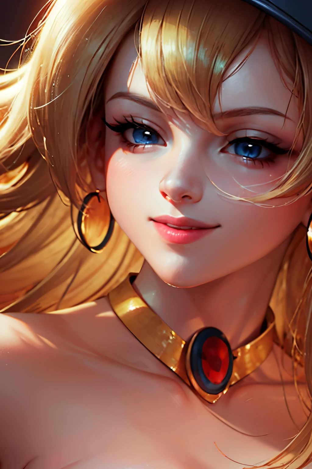 Beautiful face of dark magician gils. blue eyes. Red lips. Long blonde hair. gold necklace. gold earrings. smile on his lips. beautiful. perfect face.