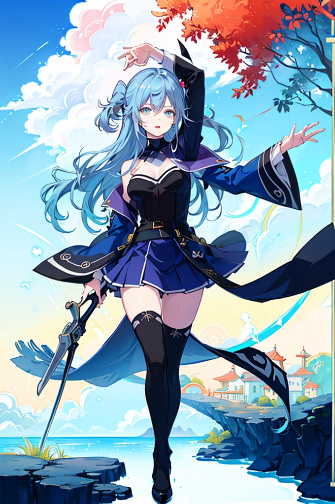 ((full body,whole body)),1girl,  solo, outdoors, long hair, holy place, Original,(Illustration:1.1),(Best Quality),(masutepiece:1.1),(the Extremely Detailed CG Unity 8K Wallpapers:1.1), (Colorful:0.9),(mid-shot:0.95),(extremely detailed beautiful face),(Solo:1.2), (girl),(((Lori))), (Detailed beautiful eyes:1.15), (Beautiful face:1.15), (Glowing blue eyes:1.25////),(((sky blue Long Hair))),(two side up),(+perfect hand+:1.21),(Draw illustration of Japan priestess costume),(slender),(White pleated skirt),(Gothic),((black thighhighs)),(frilld),(Beautiful Slender Lolita Girl),hallowween,standing, girl,10 years old,  girl,foggy place,vampire,sky blue hair,full body,whole body,((cathedral background)),(holy cathedral),((full body,whole body)),((full body,whole body)),((full body,whole body)),((full body,whole body)),