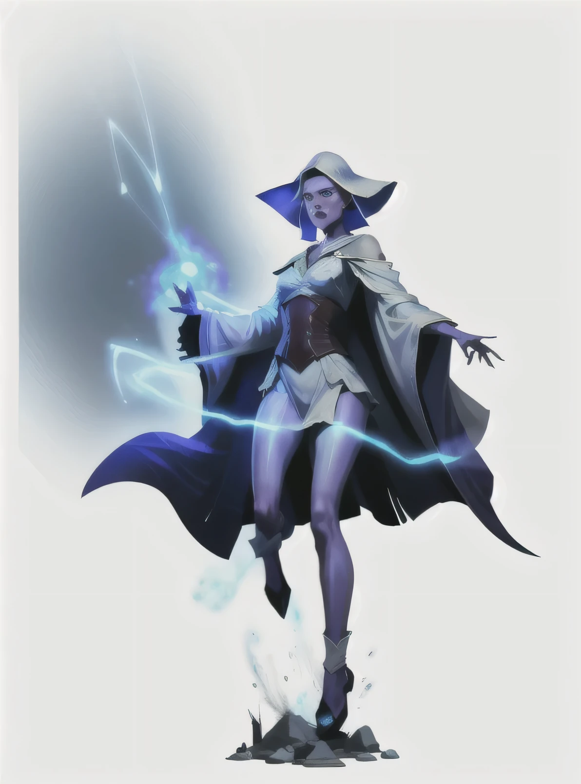 I want a character with a white background, png, full body image, a specter, ghostly and sexy, but translucent and with cloth clothes, as well as lasers around her, jumping towards the screen, and full body