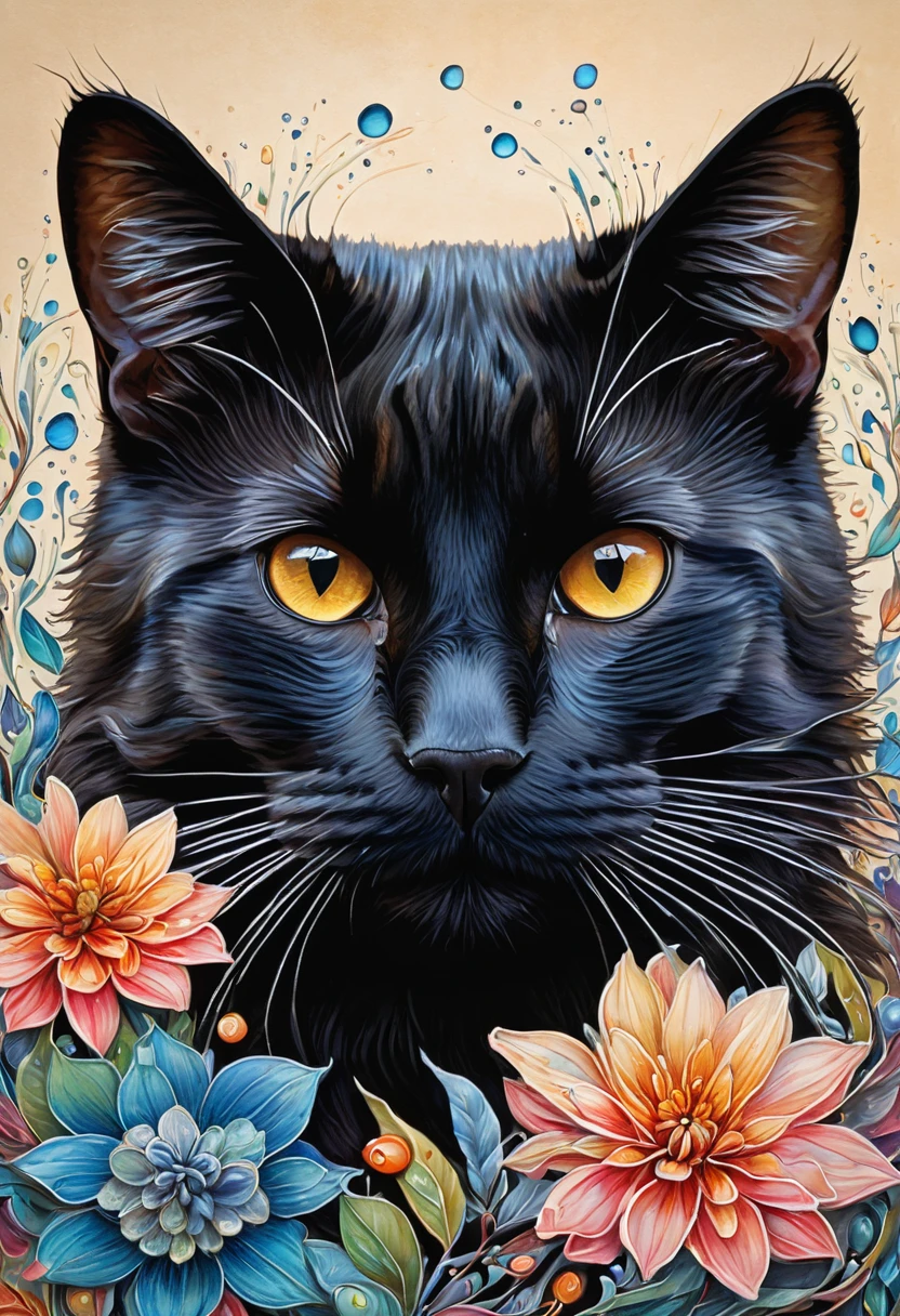 (highest quality,4K,8K,High resolution,masterpiece:1.2),super detailed,(realistic,photorealistic,photo-realistic:1.37),Zentangle black cat close up,tangled lines,Detailed cat eyes,Watercolor Techniques,Blend Color,organic pattern,Vivid and rich colors,Subtle shading,high contrast,meticulous attention to detail,delicate brushstrokes,柔らかくflowingような動き,colorful and intricate design,harmonious composition,isolated flowers on blank canvas,Gentle water droplets floating on the petals,Textured and layered brushwork,bright translucent effect,Calm and peaceful atmosphere,Motifs inspired by nature,See floral elements up close,Lively and expressive strokes,artistic exploration and creativity,Inspired by Zen philosophy,flowing、interconnected lines,repeating patterns and rhythms,meditative and calming energy,A harmonious balance between and control,Dimensions of beauty and tranquility,Ephemeral and ephemeral beauty,A microcosm of nature's wonders.