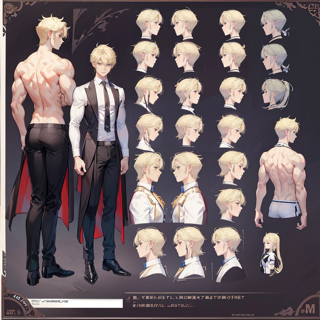 (Masterpiece, best quality), detailed, 1 man, ((character concept art)), ((character design sheet, same character, front, side, back)), full body, body complete, 1 Male angel, 1 Man angel, Detailed face, character design sheet,full bodyesbian, Highly detailed, character sheet, character design, Many parts, dark skin, angel wings, short blonde hair, angel outfit, muscle male god, male clothes, masculine, muscle man, male muscle, manly, male angel, Muscle male with short blonde hair,beautiful man, beautiful boy, abs, pectoral muscle