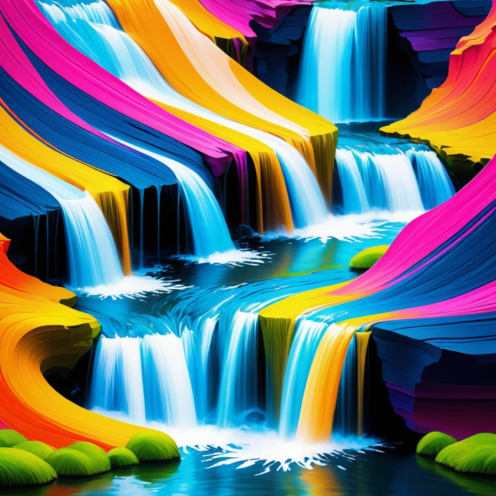 Create a charming abstract waterfall, bright colors, Abstract shapes, depth, A masterpiece in maximum resolution 16K, excellent quality. | ((more_Detail))