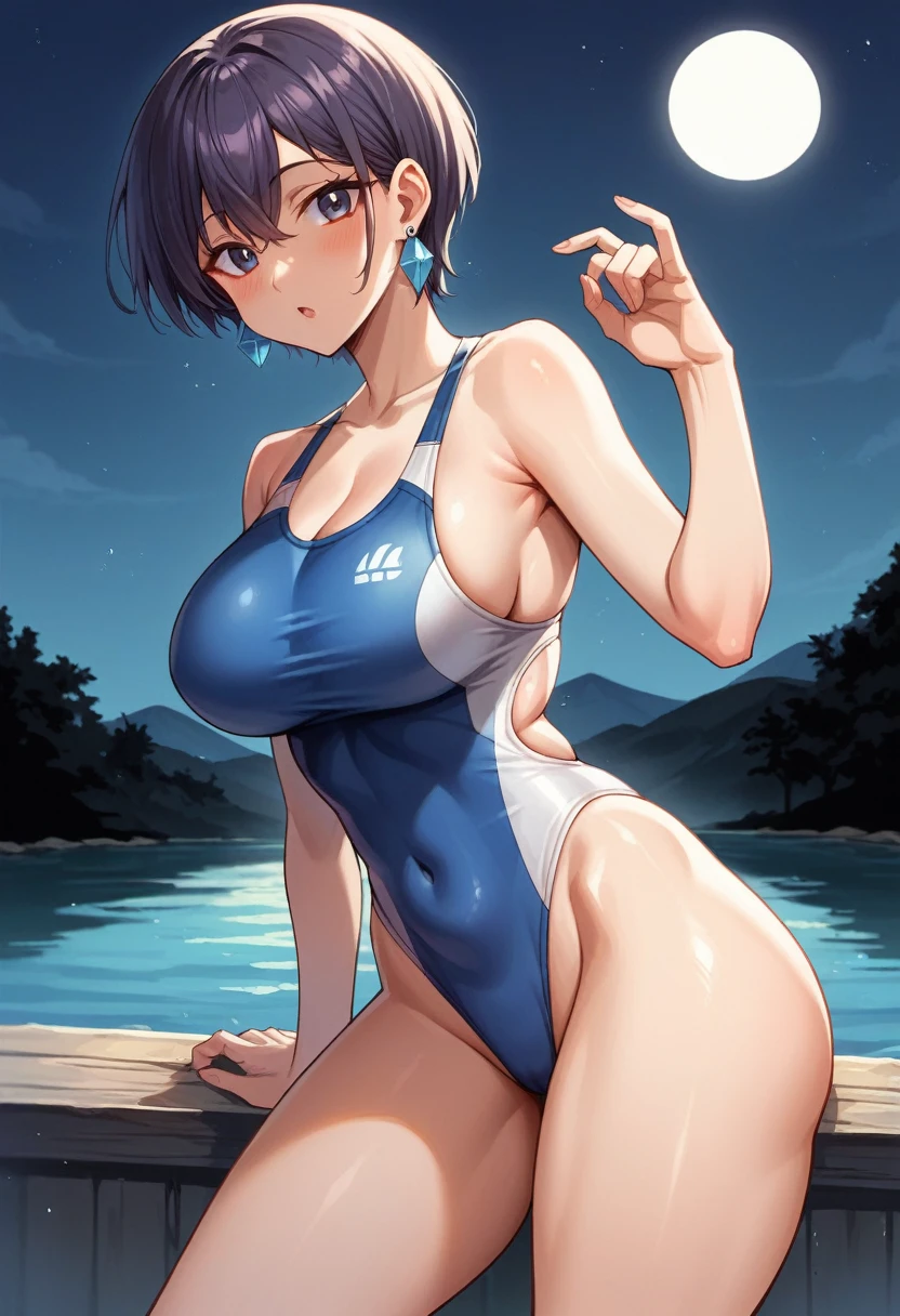 1 girl, aldult, Lake view, night, short hair，Deep V neckline，Large V-neck competitive swimsuit，large crystal earrings，被Big Ass撑起来的竞技泳衣，huge ，Showing breasts，Showing breasts，Relatively tall，Slim waist，Big Ass，Shyly being touched on the butt by a teenager