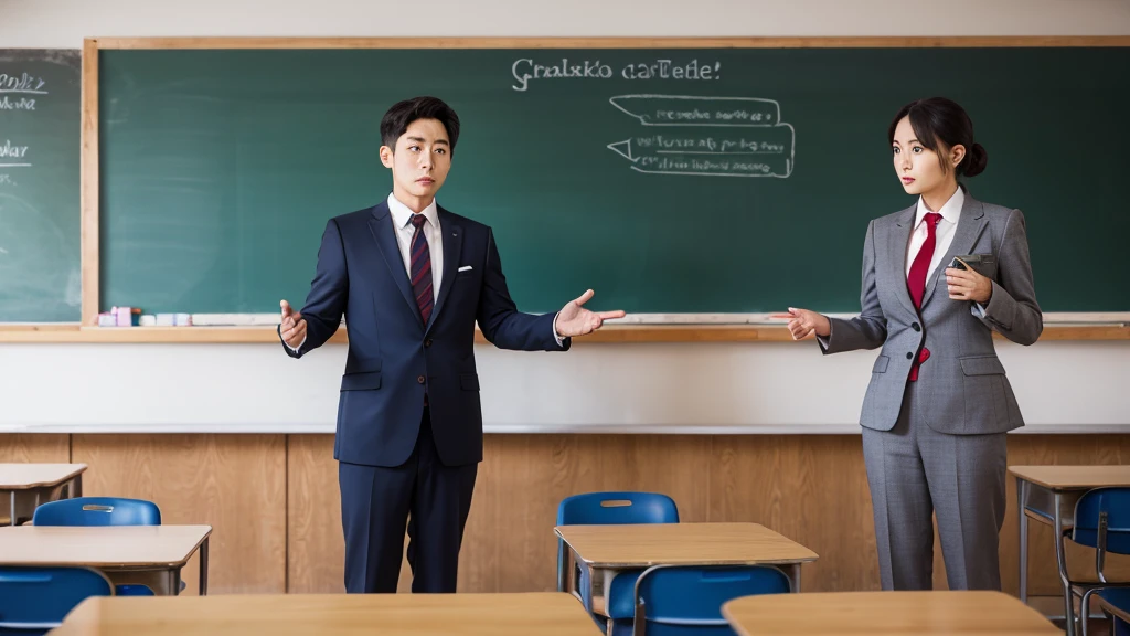 Teacher standing in front of the podium、Chalkboard at the back、Straight face、male、suit、