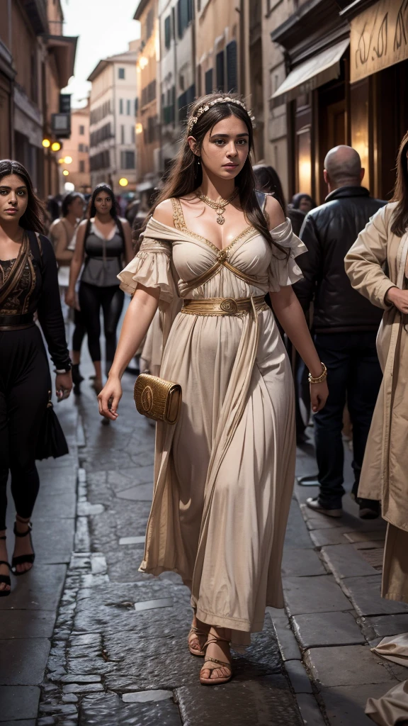 Masterpiece, on acient Rome at the midnight with aicent people in acient clothes 83bc, Create a photorealistic, 32K resolution image of Mesalina 14yo a strolling through the bustling Rome streets of 83BC on Rome. High-quality realism captures her graceful stride amidst the ancient cityscape, adorned with classical architecture and bustling brothels. Cinematic effects add depth, with soft lighting casting gentle shadows as she navigates through the vibrant crowd, embodying the spirit of intellect and curiosity that defined her presence in ancient Rome, on the night near of the brothels, ancient Romans peoples in acient clothes around her