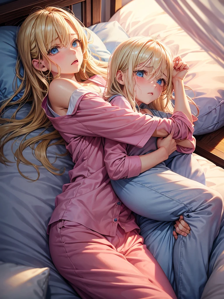 an adult girl, loose blonde hair, blue eyes, pink pajamas, crying loudly in his room against his pillow.