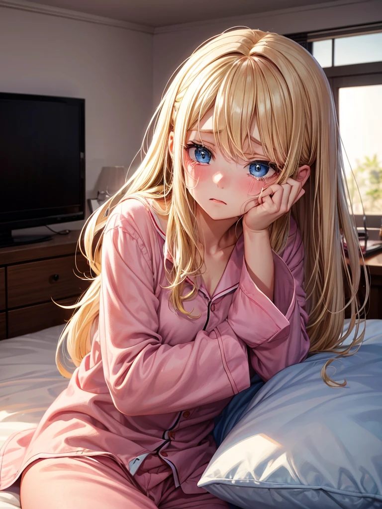 an adult girl, loose blonde hair, blue eyes, pink pajamas, crying loudly in his room against his pillow.