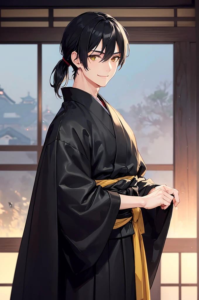 (masterpiece; best quality: 1.2), (finely detailed eyes: 1.3), ((1 young man)), ((solo)), (yellow eyes: 1.4), (masculine; lean, toned: 1.3), (short black hair in low ponytail: 1.3), (beautiful and clear background: 1.2), ((depth of field)), (clothes: all-black ronin hakama + all-black ronin kimono: 1.3), (anime illustration: 1.2), (background; old japanese mansion exterior+ night: 1.1), (extremely fine and handsome: 1.1), (shot composition; standing + close-up: 1.5), (expression; calm, smile: 1.2)