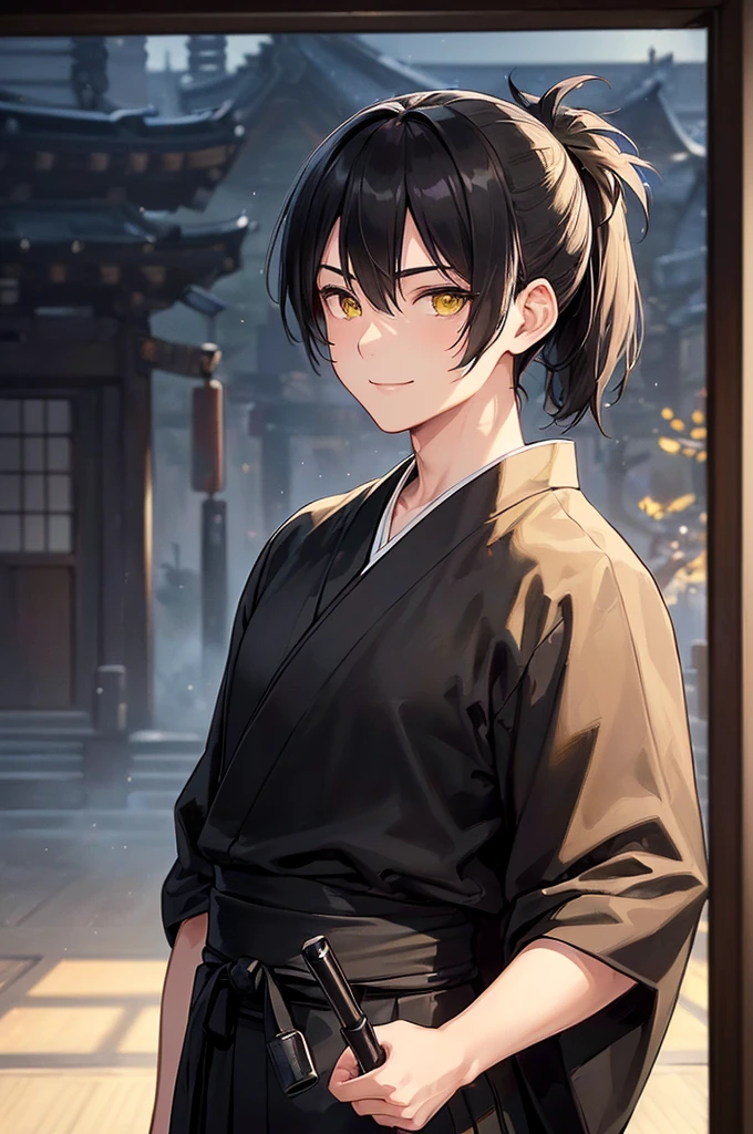 (masterpiece; best quality: 1.2), (finely detailed eyes: 1.3), ((1 young man)), ((solo)), (yellow eyes: 1.4), (masculine; lean, toned: 1.3), (short black hair in low ponytail: 1.3), (beautiful and clear background: 1.2), ((depth of field)), (clothes: all-black ronin hakama + all-black ronin kimono: 1.3), (anime illustration: 1.2), (background; old japanese mansion exterior+ night: 1.1), (extremely fine and handsome: 1.1), (shot composition; standing + close-up: 1.5), (expression; calm, smile: 1.2)