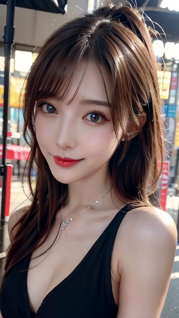 Urban beautiful girl college student, masterpiece, light makeup, Red lips, Silver Hair, Disheveled long hair, Street background, beautiful, elegant. Extremely fine detail, Master Works, Authentic texture, Realism in film lighting, Perfect job, 16K, High resolution, exquisite features,blue eyes、Japanese Idols、beautiful顔、Cute Smile、Brown Hair、beautiful hair、ponytail、glamorous、 Big Breasts、Nipples、Oily skin、Shiny skin、Sunburned skin、Shining black skin、sexy camisole,Thong, Bright big eyes, Smooth Skin, Earrings, necklace,Look forward