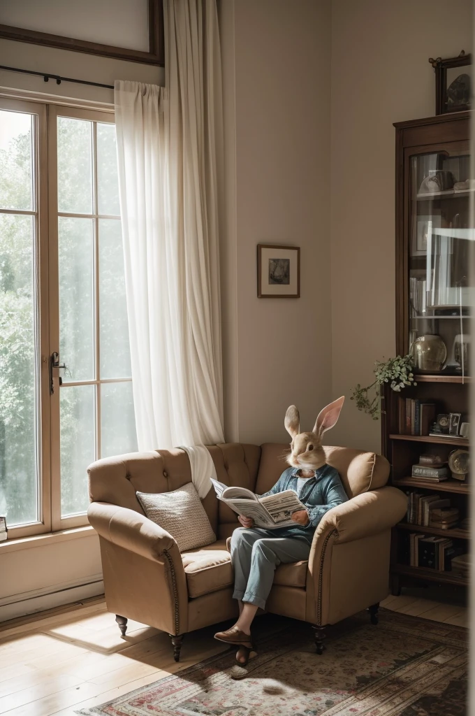 rabbit in his living room sitting in an armchair reading his newspaper with small square glasses holding a coffee, on the right side of the armchair there will be a small table and on top of the table there will be a small old radio, on top of the table there will be a window with open white curtains
