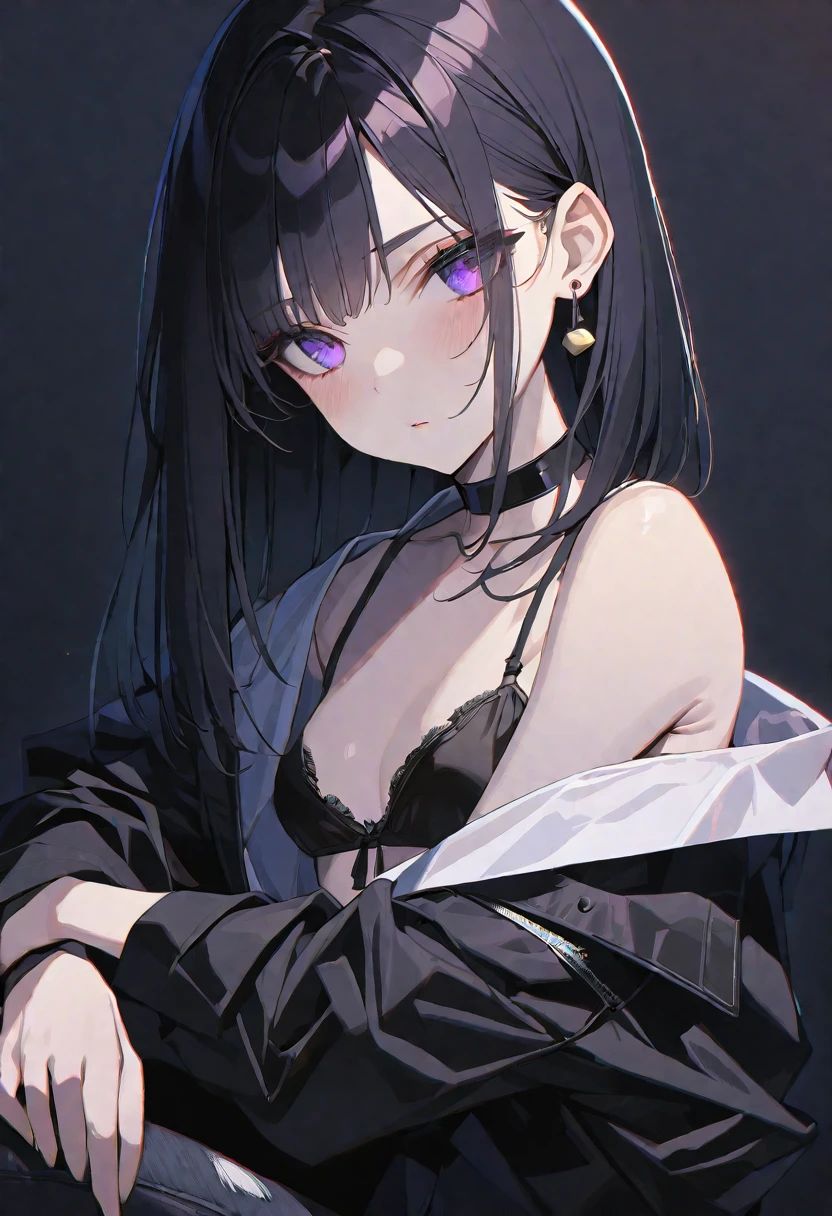 独奏, handsome, Glossy feel,
1. Female,
hime cut,Straight Hair,Bob Hair, 
black hair, 
nakano yotsuba,
purple Eyes,Soft look,beautiful,beautiful,sexly,Darkness,Lots of black earrings,choker,
black Off Shoulder,black Distressed jeans,Black Bra,
skin,Alluring,
black  background,