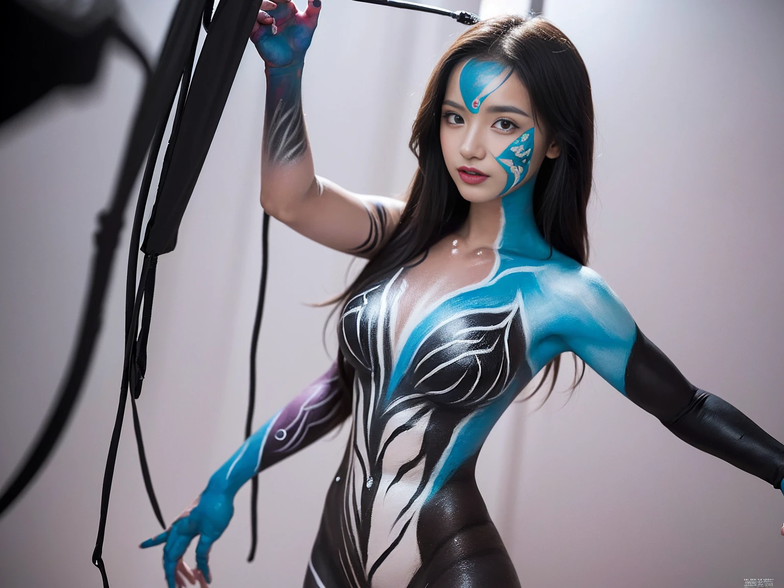 (illusion body paint photoshoot:1.5), (female model with wide hips and muscular legs), (optical illusion designs), (dynamic and captivating poses), (studio setting), (bold and striking patterns), (high definition), (vivid colors), (intricate details), (highres, high quality)
