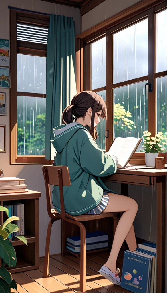 A girl studying at the desk, with rain in the window, cute clothes, cozy ambiance, 8K, Detailed.
