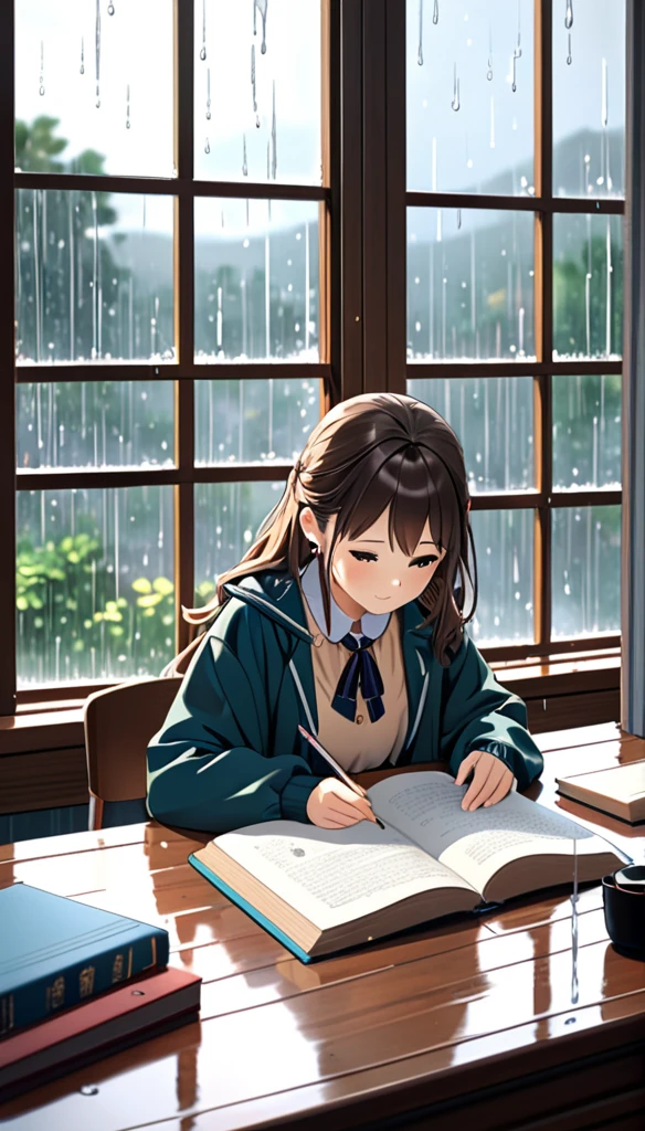 A girl studying at the desk, with rain in the window, cute clothes, cozy ambiance, 8K, Detailed.