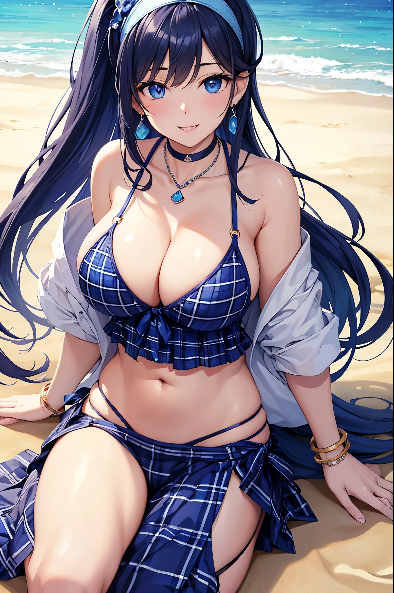 Highest quality、Highest quality、masterpiece、(8K),Beauty(Age 25)、Navy blue long hair、blue eyes、Sexy Bikini(Plaid)、Big cleavage、(Big Breasts)、smile、blue necklace、Blue Earrings、background(Beach)、Please open your mouth wide、White headband、bracelet、Chest-pushing pose、Blue choker