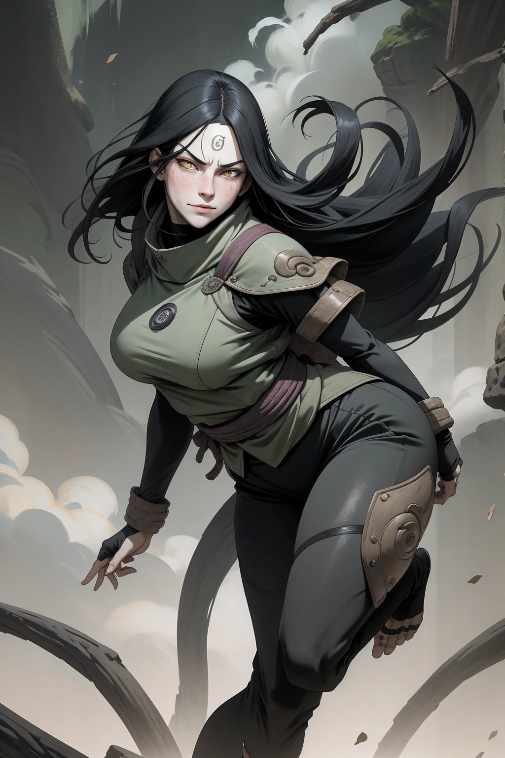 {-erro_de_anatomia:1.0} estilo anime, Masterpiece, absurdities, Orochimaru\(Naruto\), 1girl Solo, Mature woman, Oversized shirt with broad shoulders, Perfect composition, Detailed lips, large breasts, Beautiful face, body proportion, Blush, Long black hair, ( black hair), yellow eyes, (sexy), Soft gauze, Super realistic, Detailed, photo shoot, Realistic faces and bodies, masterpiece, best quality, best illustration, hyper detailed, 1 girl, solo, glamorous, blushing, whole body, fighting, on nature, dimanic poses