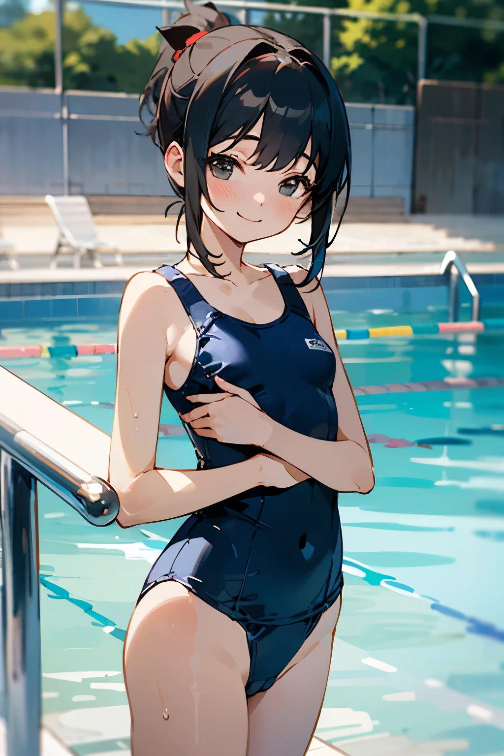 NSFW、In the best quality、age girl standing in swimming pool。In high resolution、Beautiful details、Quiet atmosphere。Black hair ponytail、Cute Smile.。Small breasts、Cute School Swimsuit。