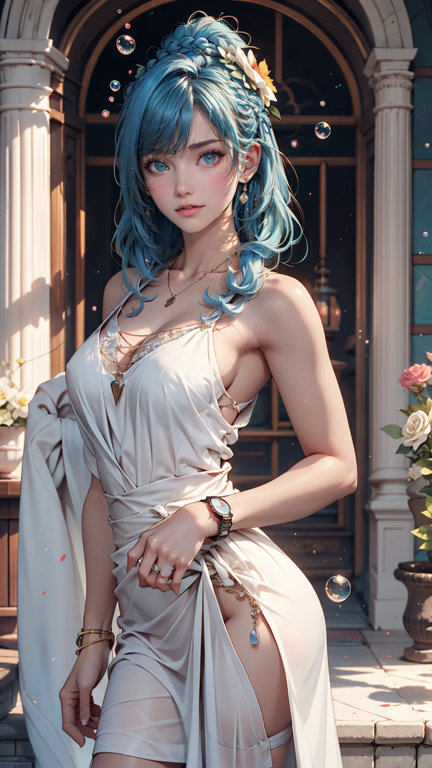 (masterpiece), (Highest quality), (Super detailed),(Disheveled Hair),(figure), (One girl), (Fashionable clothes), Are standing, Fashion Model, View your viewers, (interview), (Simple Background),Beautiful attention to detail, Delicate and beautiful face, floating,(High saturation),(Colorful splashes),Colorful Bubbles,(The Shining), Focus on the face, ponytail, kamisato ayaka, Light blue hair, bangs, Hair Ring, Floating Flowers, Floating hair, (The Shining), Best lighting, Best Shadow, 24-year-old female、Sexy proportions、Sexy、Narrow waist、Wear jewellery on your wrist、Attach a necklace、Wear platform sandals、French style braid((french braid))、Inner Color((colored inner hair))、Rainbow Hair((rainbow hair))、Hair Flower((hair flower))