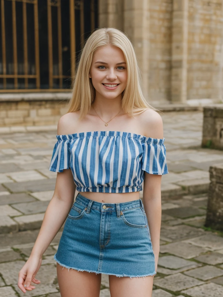 her name is Marie, 1girl, ((20-year-old fit Caucasian woman)), ((20 years old)), ((fit)), , ((pale skin tone)), ((medium length straight blonde hair)), wearing Striped Off-Shoulder Top + Denim Skirt, smiling, pose: standing, background: Write about the sense of history and grandeur at the Tower of London, where tourists can see the Crown Jewels and learn about the fortress's storied past.