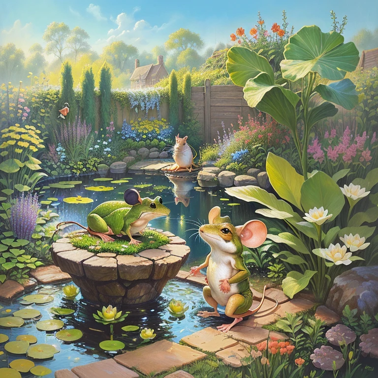 Oil painting of a mouse and a frog in a garden with a pond., Full color illustrations, anthropomorphic mouse, storybook illustation, storybook illustation, rat tribe, cute storybook illustation, Todd Shore highly detailed, Todd Shore, children&#39;illustrations for books, children&#39;illustrations for books, children&#39;illustrations for books, children&#39;illustrations for books, Darrell K. sweet, Mouse in clothes