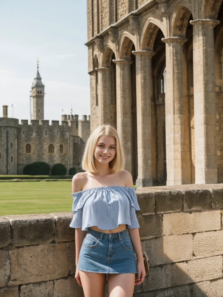 her name is Marie, 1girl, ((20-year-old fit Caucasian woman)), ((20 years old)), ((fit)), , ((pale skin tone)), ((medium length straight blonde hair)), wearing Striped Off-Shoulder Top + Denim Skirt, smiling, pose: standing, background: Write about the sense of history and grandeur at the Tower of London, where tourists can see the Crown Jewels and learn about the fortress's storied past.