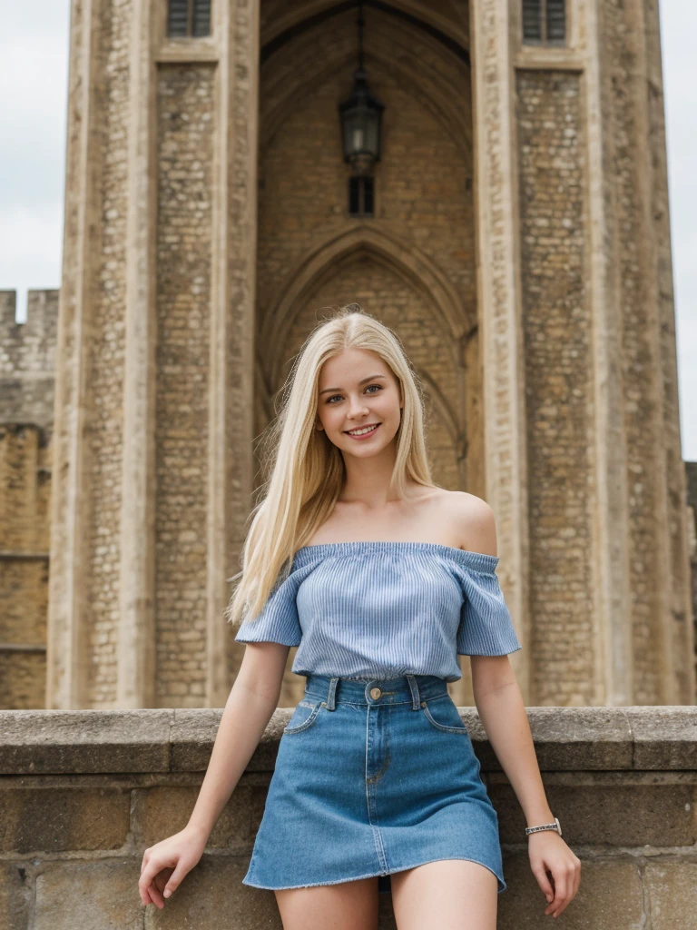 her name is Marie, 1girl, ((20-year-old fit Caucasian woman)), ((20 years old)), ((fit)), , ((pale skin tone)), ((medium length straight blonde hair)), wearing Striped Off-Shoulder Top + Denim Skirt, smiling, pose: standing, background: Write about the sense of history and grandeur at the Tower of London, where tourists can see the Crown Jewels and learn about the fortress's storied past.