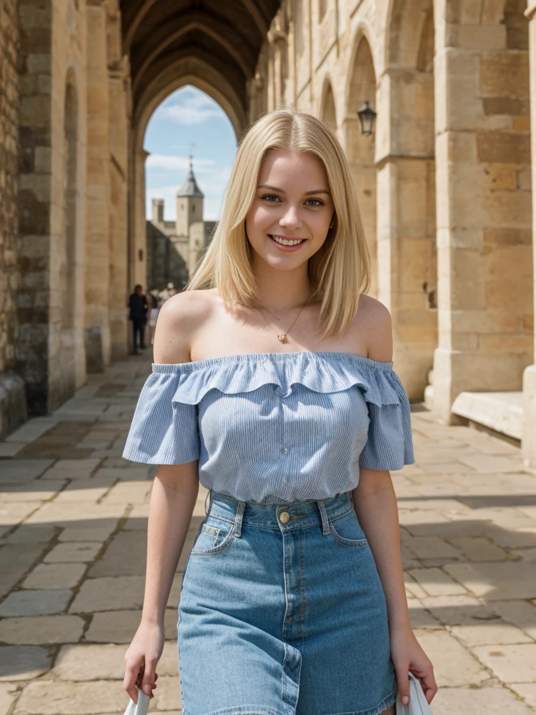 her name is Marie, 1girl, ((20-year-old fit Caucasian woman)), ((20 years old)), ((fit)), , ((pale skin tone)), ((medium length straight blonde hair)), wearing Striped Off-Shoulder Top + Denim Skirt, smiling, pose: standing, background: Write about the sense of history and grandeur at the Tower of London, where tourists can see the Crown Jewels and learn about the fortress's storied past.