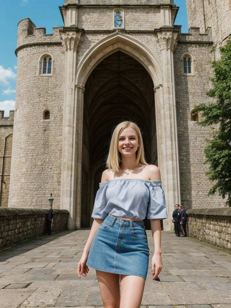 her name is Marie, 1girl, ((20-year-old fit Caucasian woman)), ((20 years old)), ((fit)), , ((pale skin tone)), ((medium length straight blonde hair)), wearing Striped Off-Shoulder Top + Denim Skirt, smiling, pose: standing, background: Write about the sense of history and grandeur at the Tower of London, where tourists can see the Crown Jewels and learn about the fortress's storied past.